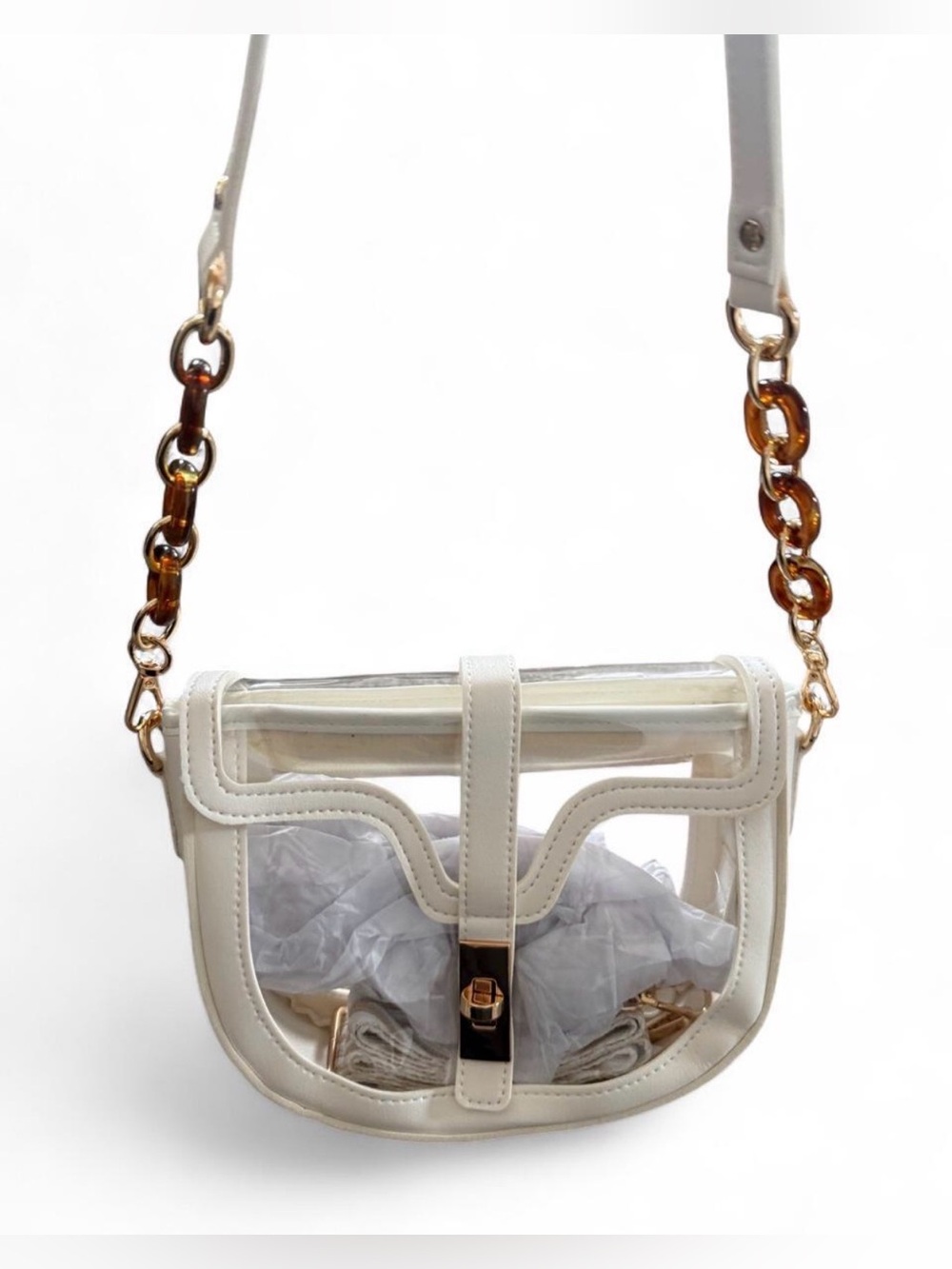 Clear White Crossbody Bag with Tortoise Chain Strap